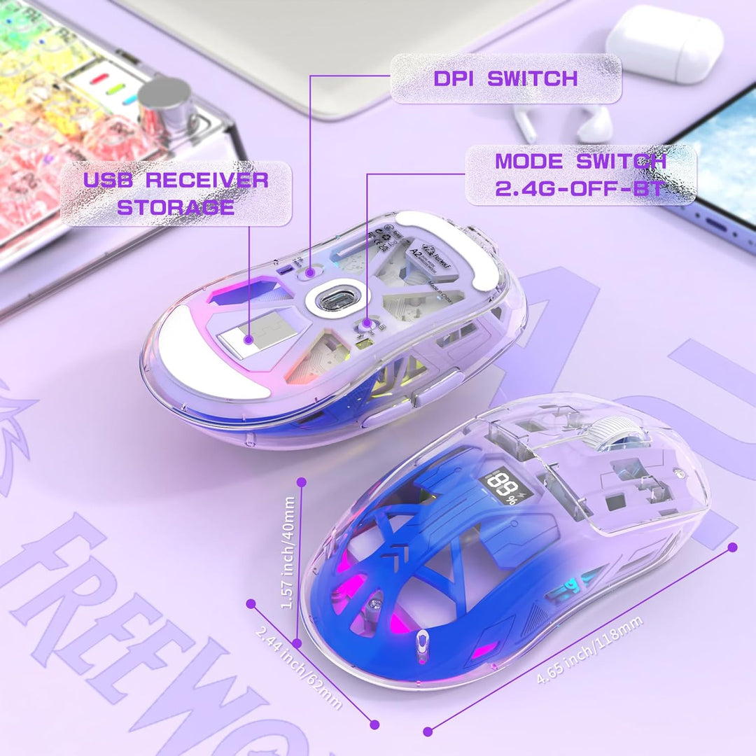 ZIYOU LANG x FREEWOLF Kabellose Gaming Maus, PixArt PAW3212 Dual Mode 2.4G/Bluetooth Transparente RG