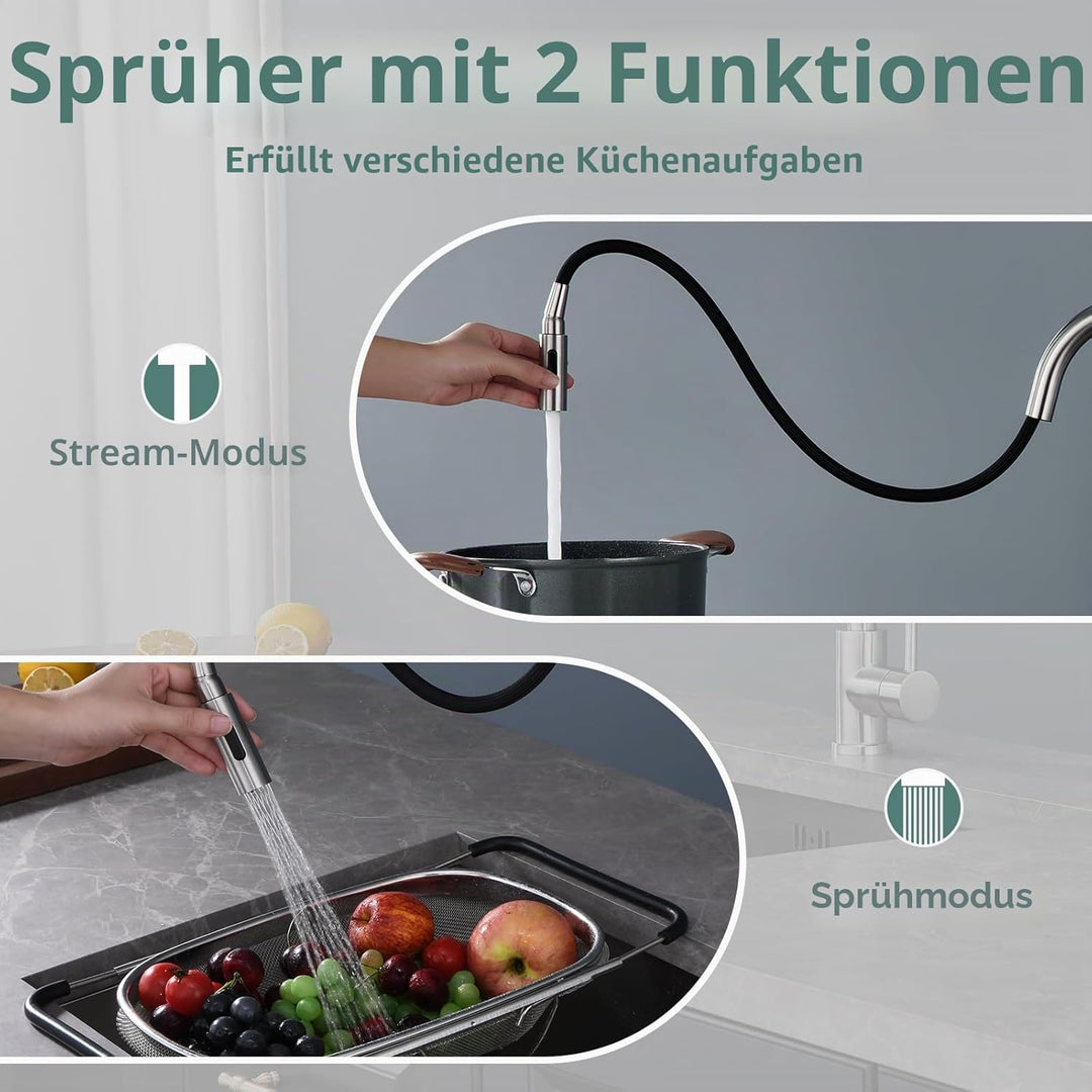 YardMonet Küchenarmaturen wasserhahn küche,ausziehbar 360° Drehbar 2 Sprühfunktionen, Edelstahl küch