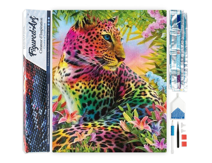 Figured'Art Diamond Painting Erwachsene 40x50cm Ganze Leinwand gerollt Bunter Leopard 5D Bilder Ecki
