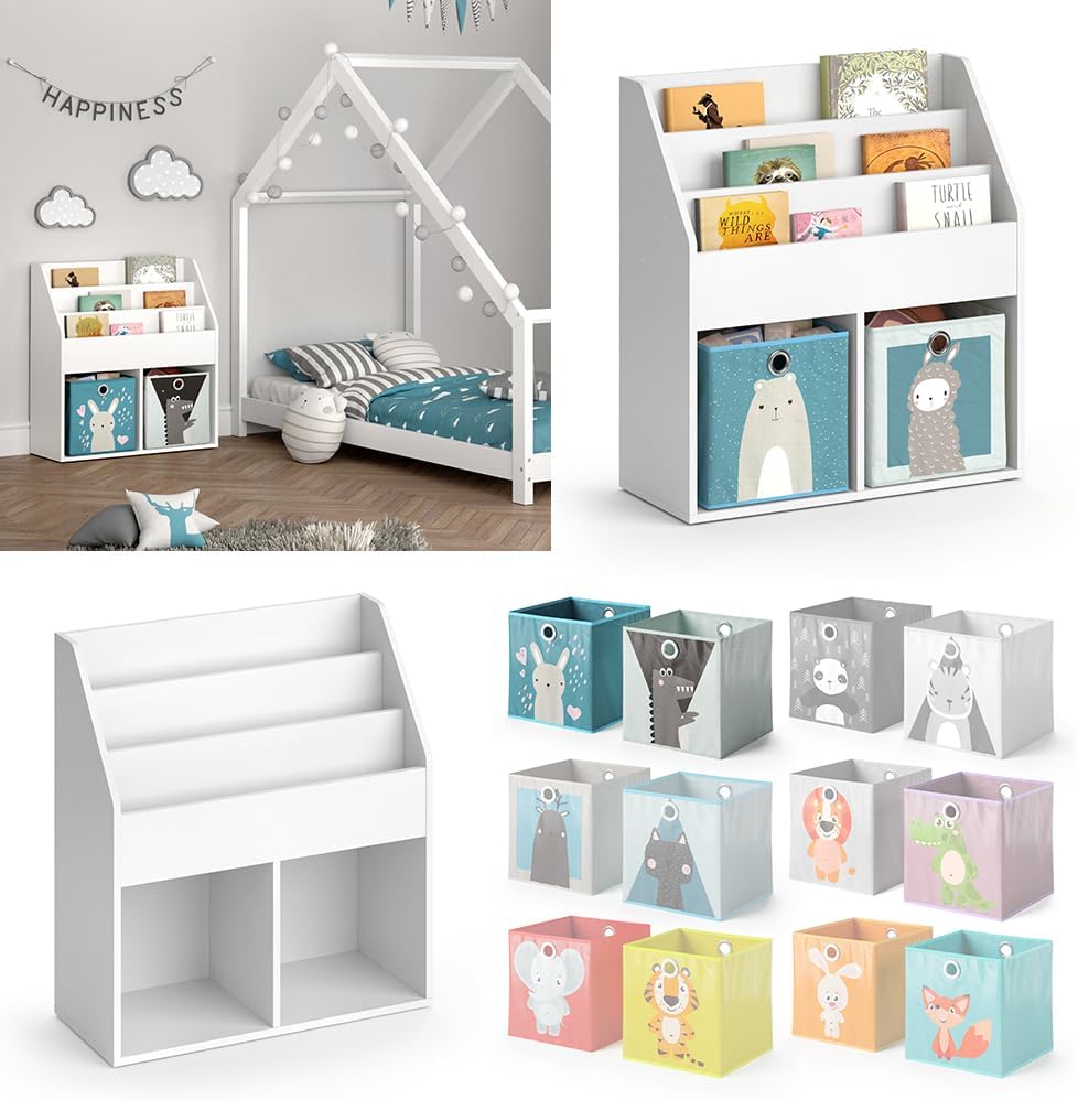 Vicco Kinderregal Luigi, Weiss, 72 x 79 cm mit 2 Faltboxen Opt.6, zur Aufbewahrung von Büchern und S