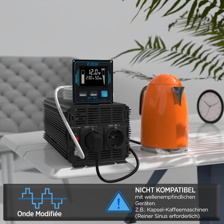 EDECOA Wechselrichter 3000w 12v 230v Spannungswandler mit Neuer Fernbedienung 2X USB und Bildschirm