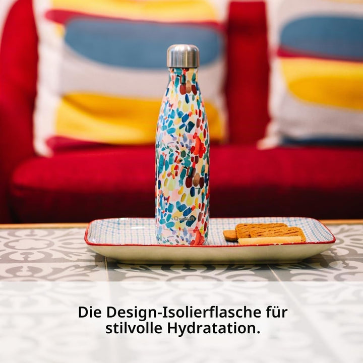 QWETCH - Isothermische Originals Flasche - Flora Blau 500ml - Nomadische Edelstahlflasche - 24h Kalt