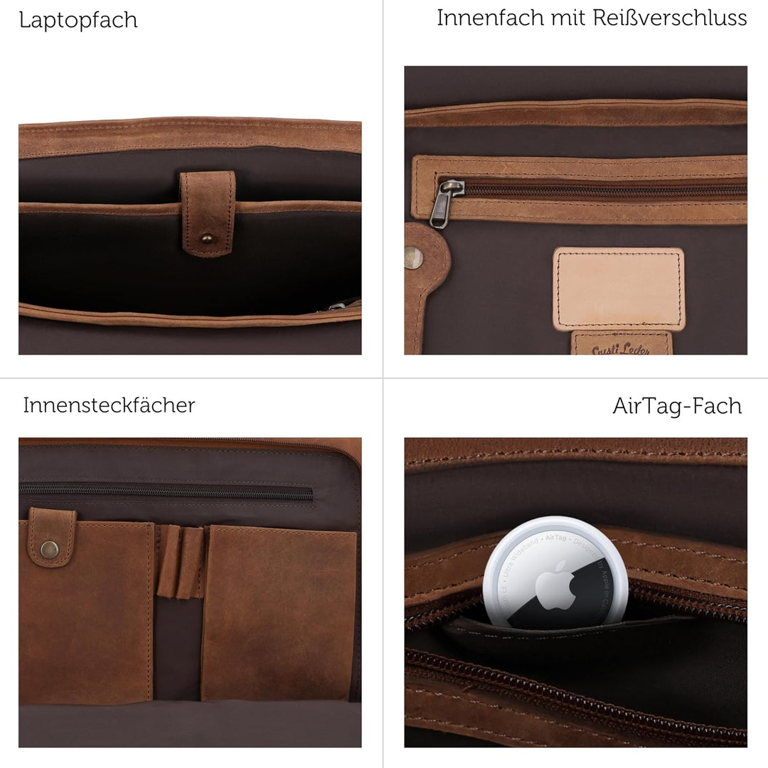 Gusti Leder Florin Aktentasche Laptoptasche, Hellbraun, 43x34x8 cm, 1,44 kg, Büffelleder, Umhängetas