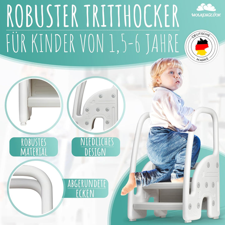 WOLKENGLÜCK® Tritthocker Kinder (3 Stufen) - Rutschfester Kinder Hocker von 1,5 bis 6 Jahre (Belastb