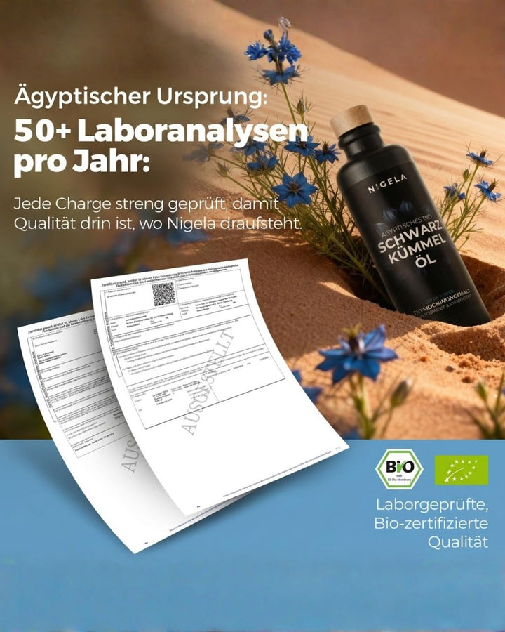 Nigela BIO Schwarzkümmelöl ungefiltert - Ägyptisches Schwarzkümmel Öl mit hohem Thymochinongehalt -