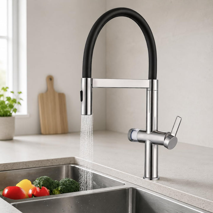 HOMELODY Wasserhahn Küche mit Filter, Hoher Bogen Küchenarmatur mit Ausziehbarer Brause, 360°Drehbar