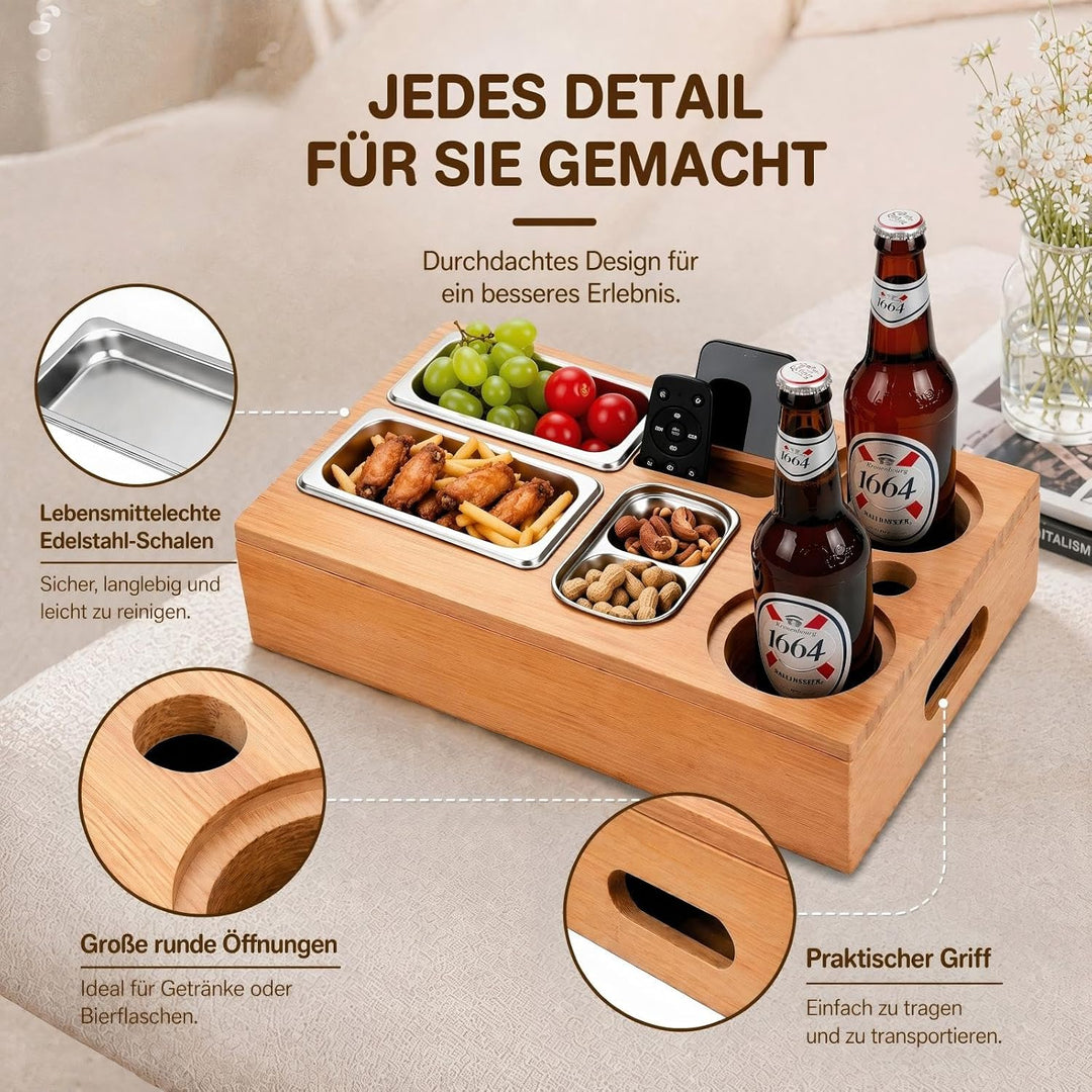 Couchbar Snackbox, Bambus Sofa Tablett mit 2 Getränkehaltern | 3 Snackschalen aus Edelstahl, Geschen