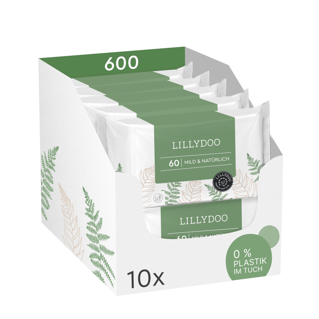 LILLYDOO green Natürliche Feuchttücher, 600 Stück (10 x 60), 100% plastikfreies Tuch, ohne Parfüme (