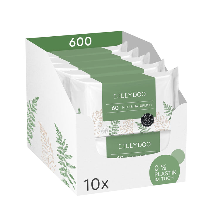 LILLYDOO green Natürliche Feuchttücher, 600 Stück (10 x 60), 100% plastikfreies Tuch, ohne Parfüme (