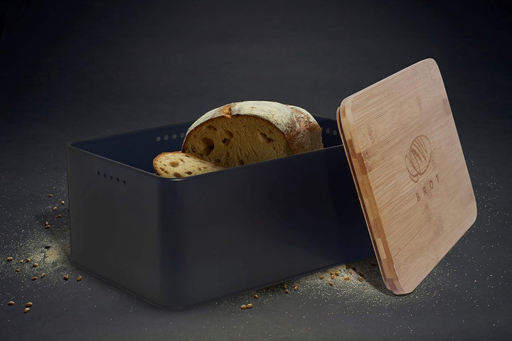 Theo&Cleo Brotkasten mit Schneidebrett , 33x21x15cm , Matte Brotbox mit Bambusdeckel und Leinen Brot