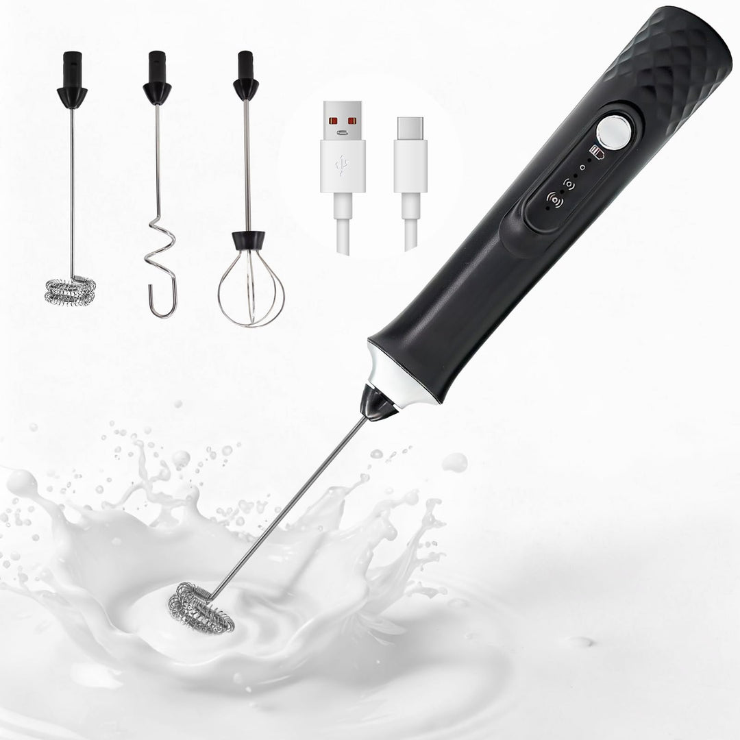 Milchaufschäumer Elektrisch Stab, USB Wiederaufladbar Milchschäumer mit 3 Abnehmbarer Edelstahl-Sch