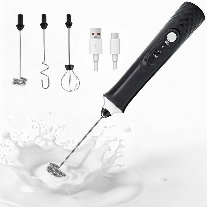Milchaufschäumer Elektrisch Stab, USB Wiederaufladbar Milchschäumer mit 3 Abnehmbarer Edelstahl-Sch