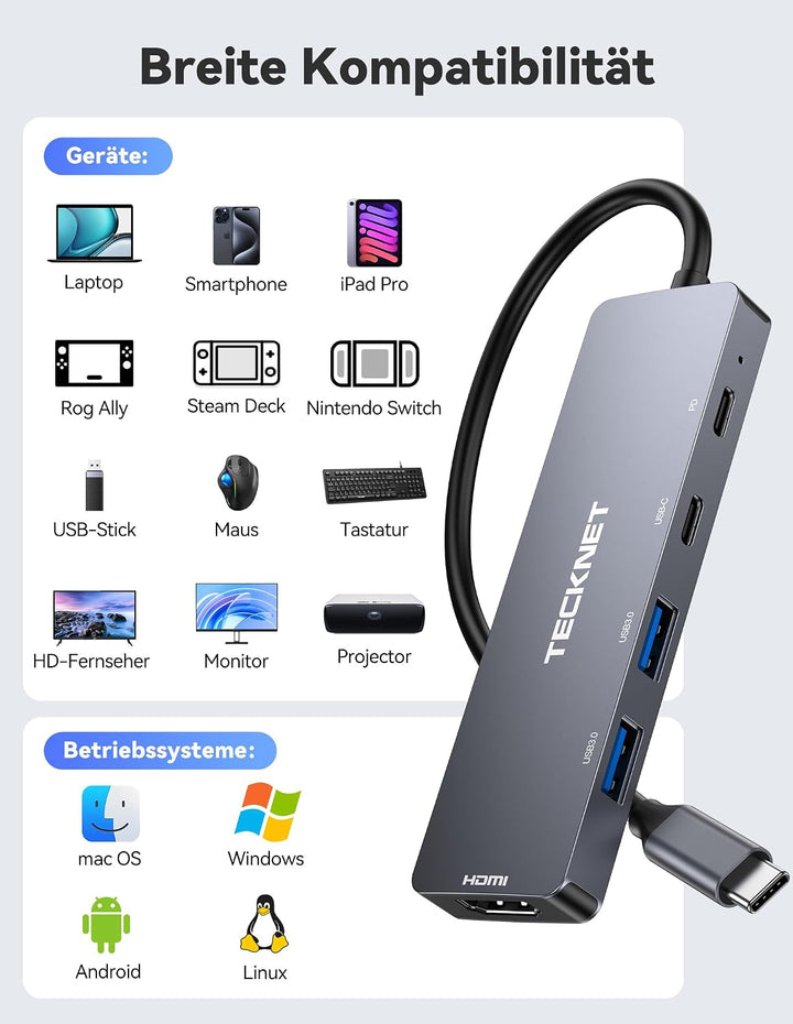 TECKNET 5-IN-1 USB-C Hub Verteiler 5Gbps, 4K@60Hz HDMI | USB C Splitter Stromversorgung PD 100W, Ada