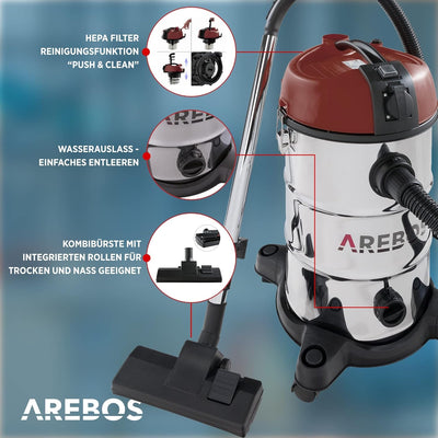 Arebos Industriestaubsauger 1300W | Nass- & Trockensauger | Mehrzwecksauger Wasser-Staubsauger | Wer