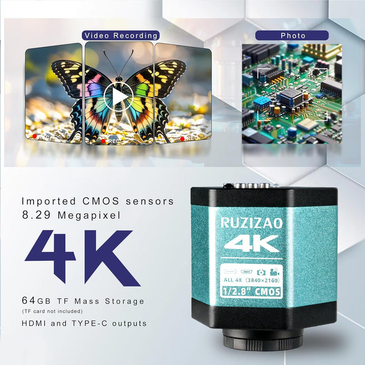 Digital Mikroskop, 48MP 4K 1080P Industrie Mikroskop mit Grosser Basis, Typ-C/HDMI 150X HD Objektiv,