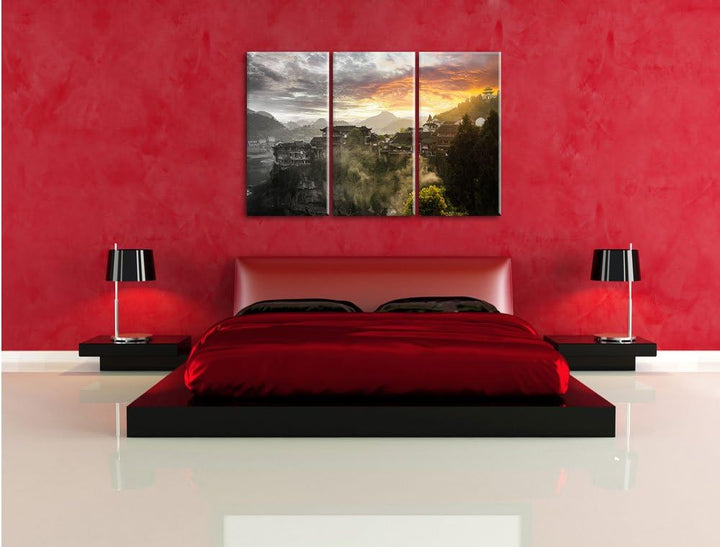 Pixxprint Gigantisches Dorf in China Schwarz/Weiss 3-Teiler Leinwandbild 120x80 Bild auf Leinwand