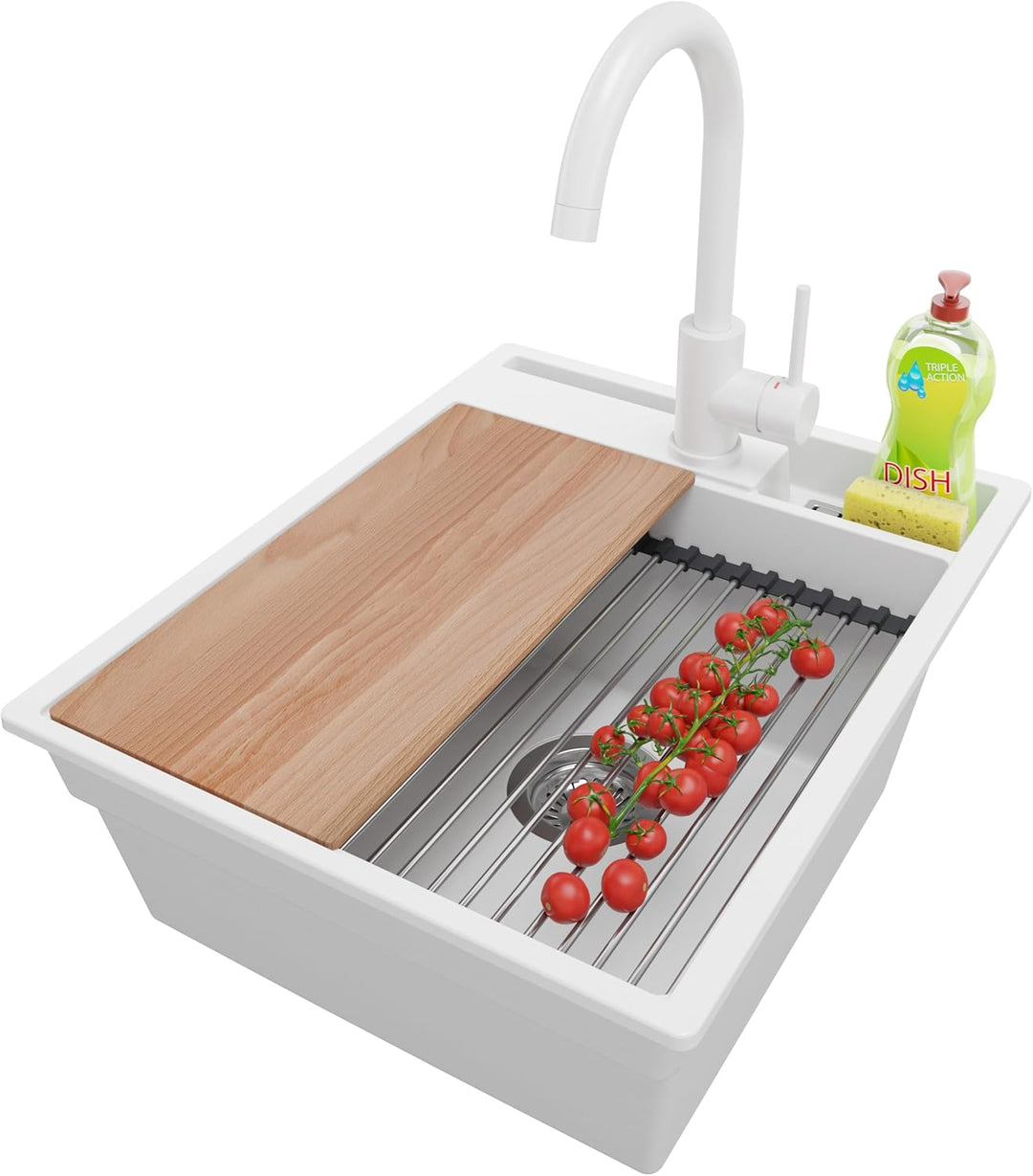 Spülbecken Weiss 43x53 cm, Granitspüle 1 Becken + Ablauf-Set + Küchenarmatur, Küchenspüle ab 45er Un