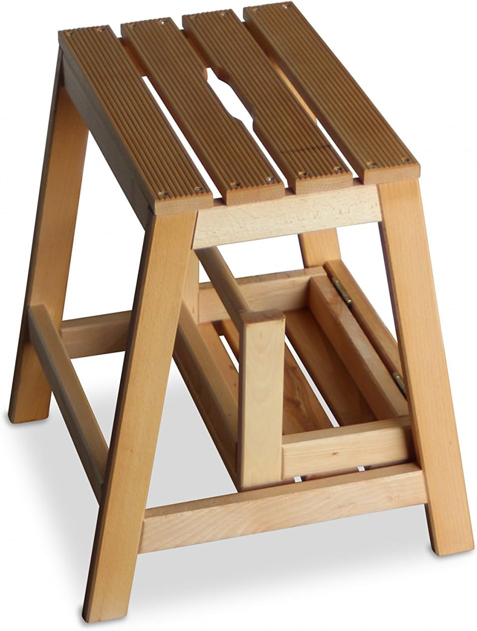 GartenDepot24 Stabiler Tritt Hocker aus Buchenholz mit 2 Stufen, klappbar, Natur, B38 x T54 x H45 cm