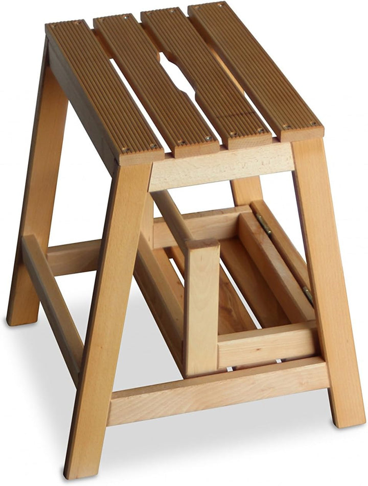 GartenDepot24 Stabiler Tritt Hocker aus Buchenholz mit 2 Stufen, klappbar, Natur, B38 x T54 x H45 cm
