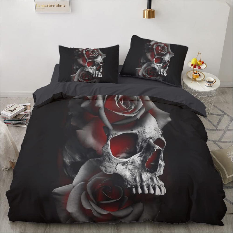 Luowei Bettwäsche Totenkopf 135x200 2teilig Schädel Rosen Gothic Halloween Bettbezug Set Weiche Komf