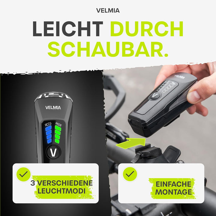 Velmia Fahrradlichter Set StVZO zugelassen mit USB Akku-Betrieb und 8,5h Leuchtdauer I LED Fahrradli