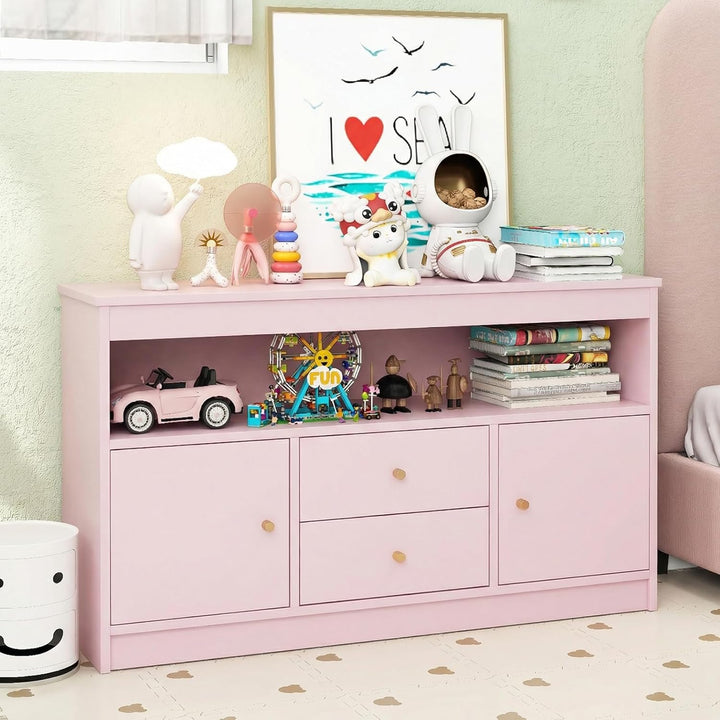 COSTWAY Spielzeugschrank Kinder, Kinderregal aus Holz, Kinderschrank mit 2 Schubladen & 2 Türen, Spi