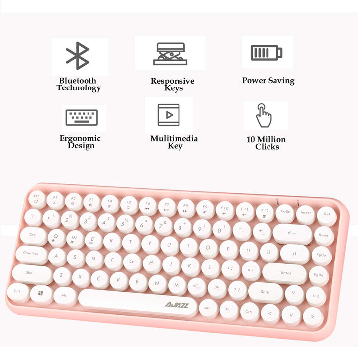 FELiCON 308i Kabellose Retro Tastatur, Bluetooth Silent Cute Computer Tastatur mit Runder Punk Taste