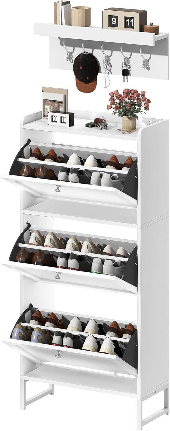 DWVO Schuhschrank Schmal mit 3 Klappen, 25x60x130cm, Schuhkipper Weiss, Schuhkommode Schuhregal mit