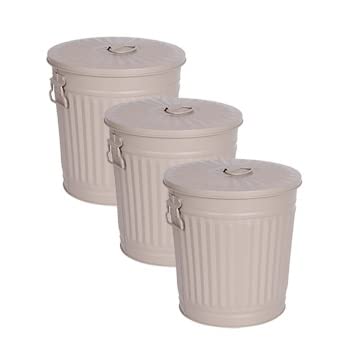 3 Sets Retrodesign Mülleimer mit Deckel | Beige | Ø 29 cm, Höhe 31,5 cm, 18 Liter 3 Stück - 18 Liter