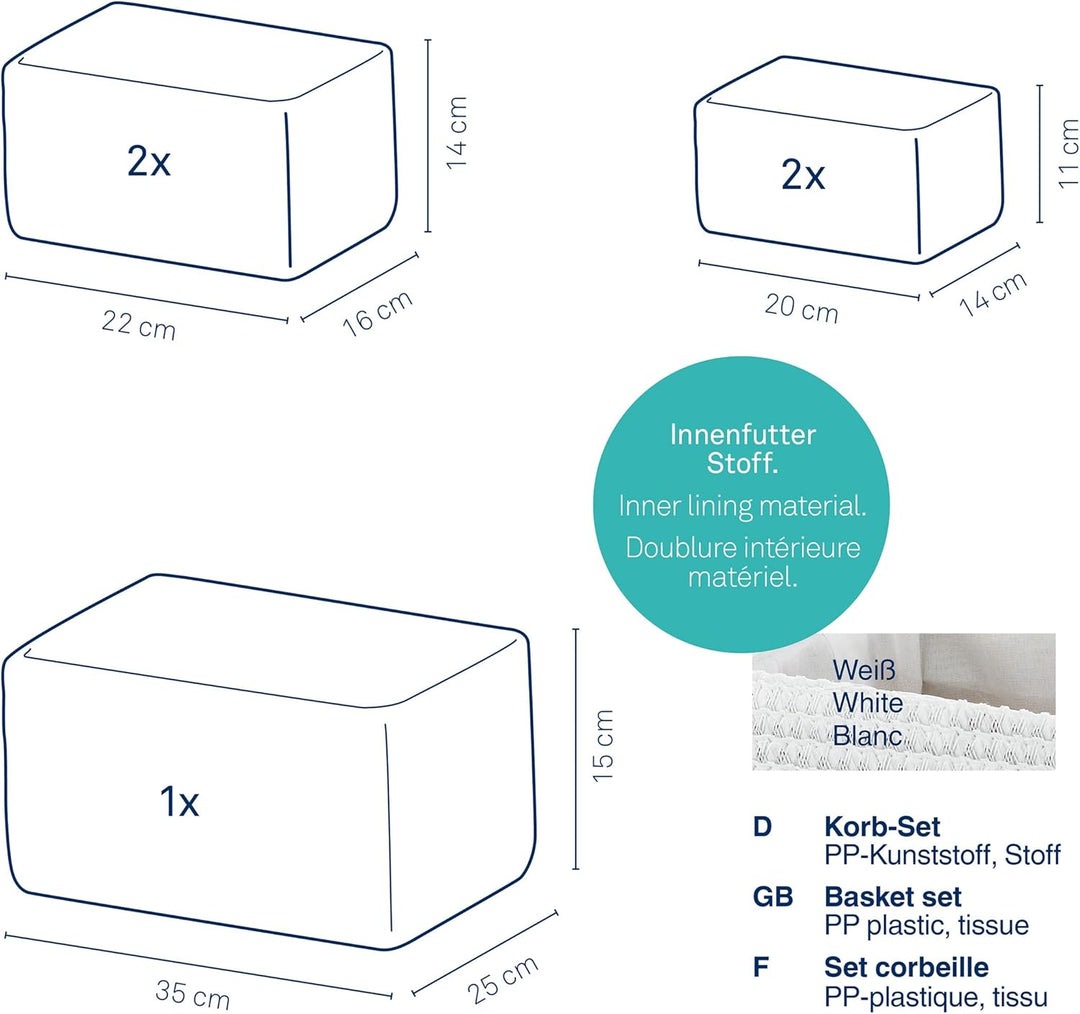 kela Korb-Set Rimossa, 5-teilig, unterschiedliche Grössen, PP-Kunststoff, weiss, Stoffinnenfutter, i