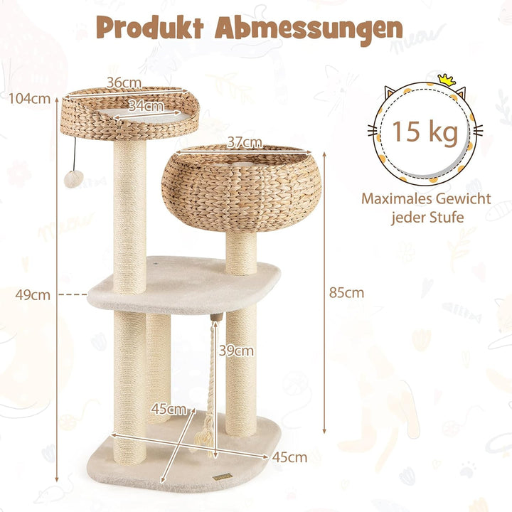 COSTWAY 104cm Kratzbaum, Katzenbaum klein, Katzenkratzbaum mit Sitzstange, Korb, Sisalpfählen, Sisal