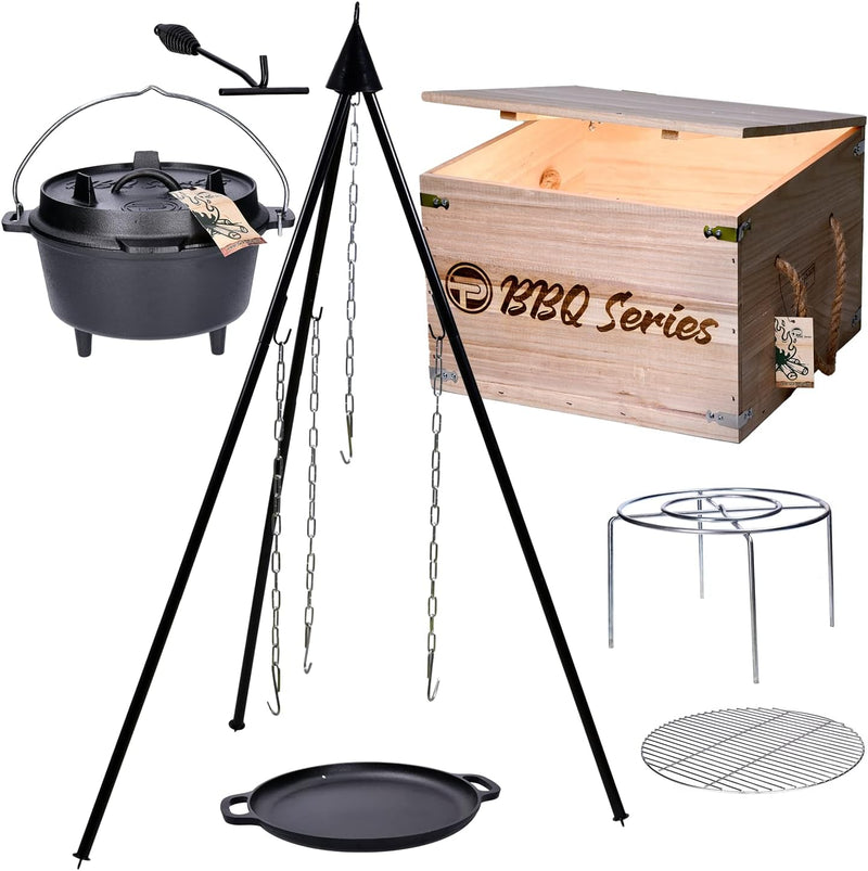 TP Premium BBQ Dutch-Oven Tripod Set, 7-teilig mit Feuer-Topf, Dreibein, Pfanne aus Gusseisen, Grill