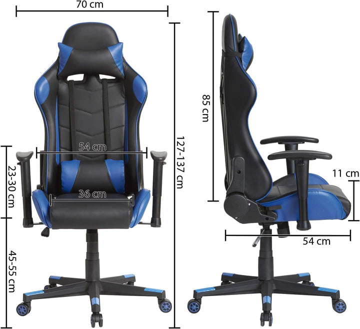 VS Venta-stock Bürosessel Gaming Professional Racer Blue, Stuhl mit Kopfstütze und Lendenkissen (Kun