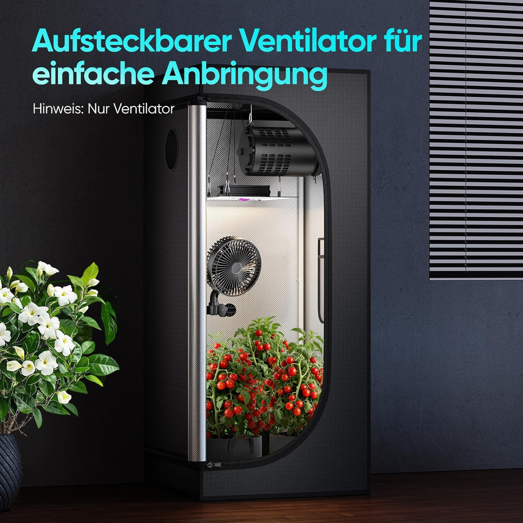 Grow Ventilator mit Clip, 4-Drehzahlstufen, 10W EC Motor, 550 m3/h Luftstrom, 32 dBA, 5-Blatt-7-Zoll