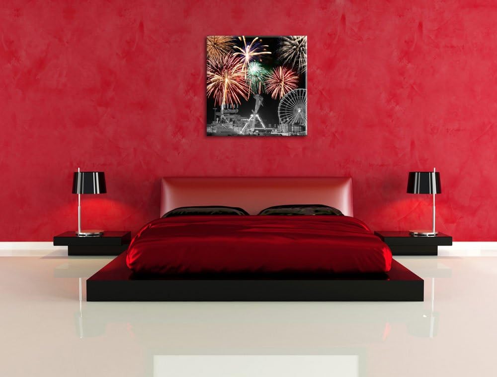 Pixxprint Silvester Feuerwerk schwarz/weiss, Format: 70x70 auf Leinwand, 70x70