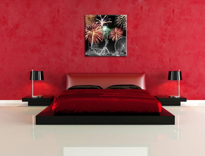 Pixxprint Silvester Feuerwerk schwarz/weiss, Format: 70x70 auf Leinwand, 70x70