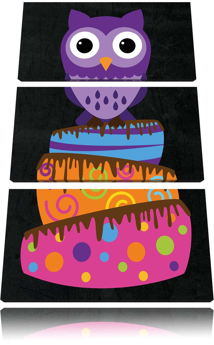 Pixxprint Eule auf Torte als Leinwandbild/Grösse: 3 Teiler (120x80) / Wandbild/Kunstdruck/fertig bes