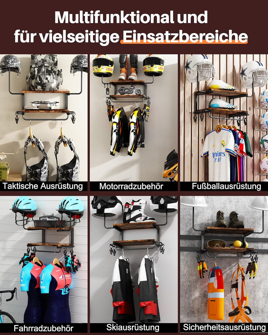 Motorradhelm Halterung Wand für 2 Helme, Motorrad Garderobe Wand mit Kleiderbügel und Haken, 30 kg T