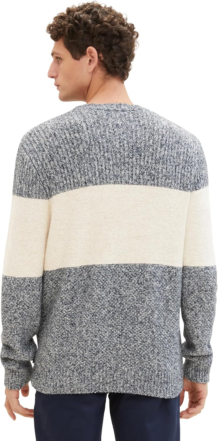 TOM TAILOR Herren Colorblock Strickpullover, 32725 - Beige Navy Multi Structure