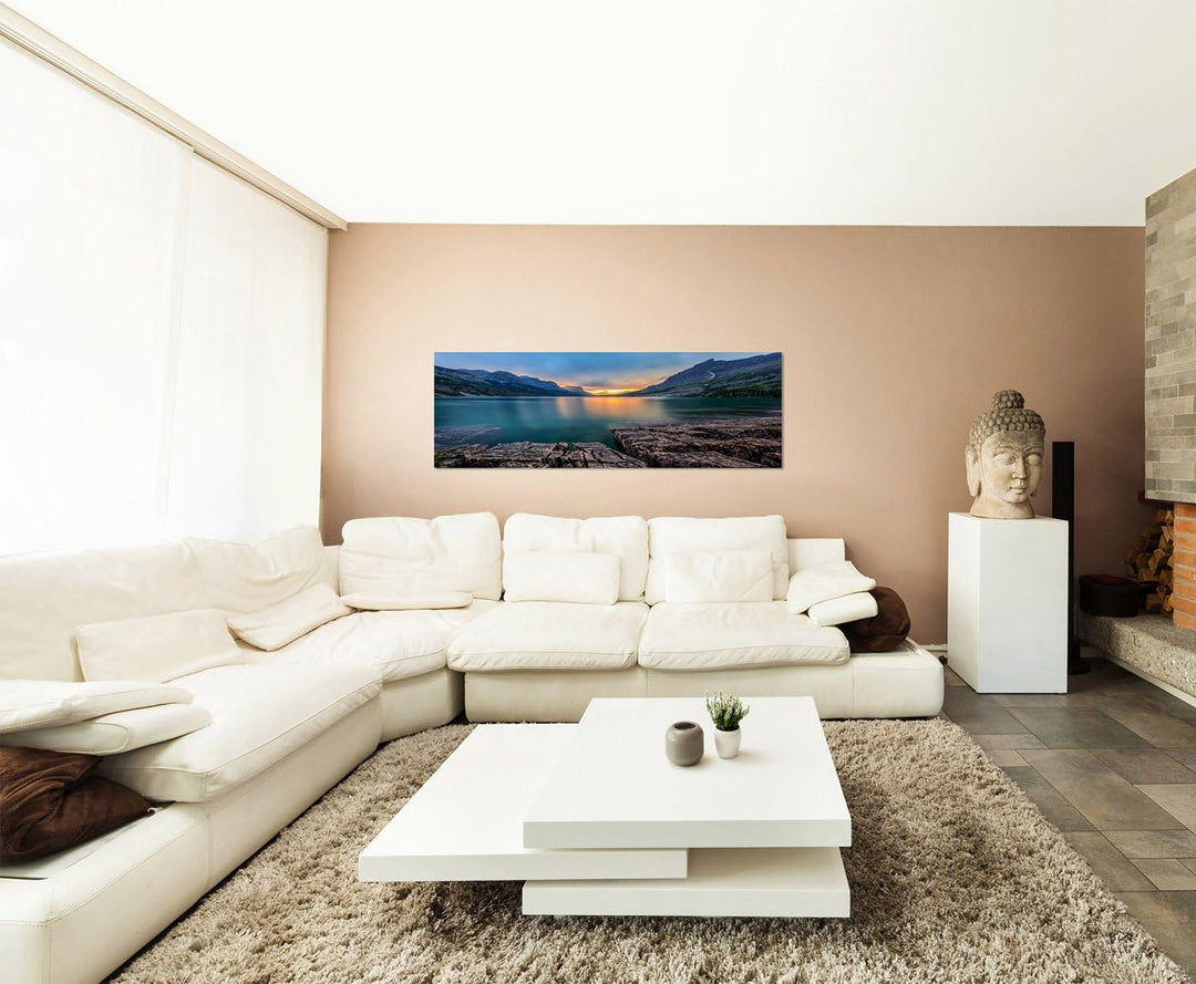 Paul Sinus Art Panoramabild auf Leinwand und Keilrahmen 150x50cm Nationalpark Felsen Berge See Sonne