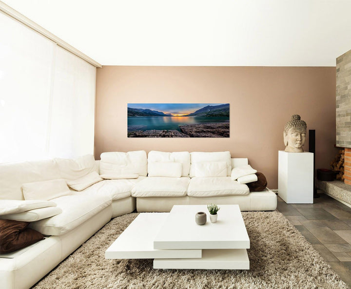 Paul Sinus Art Panoramabild auf Leinwand und Keilrahmen 150x50cm Nationalpark Felsen Berge See Sonne