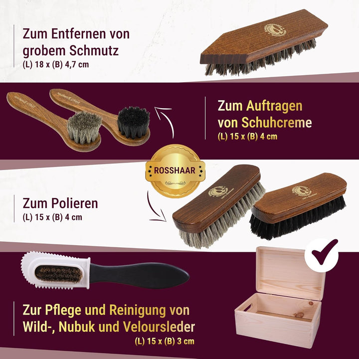 Rosshaar Schuhputzset für Leder 13tlg - Schuhputzkasten Venezia - Rosshaar Tiegelbürste und extra we