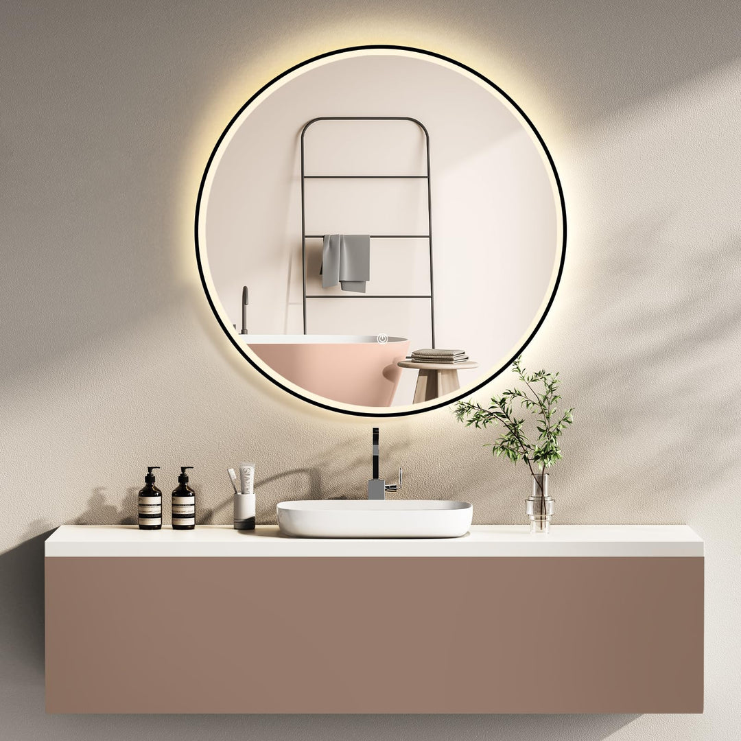 HOKO Design Badspiegel rund 80 cm Amsterdam mit Energiesparend LED Beleuchtung und Metall Rahmen Sch