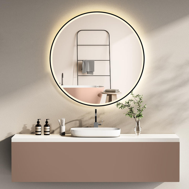 HOKO Design Badspiegel rund 80 cm Amsterdam mit Energiesparend LED Beleuchtung und Metall Rahmen Sch