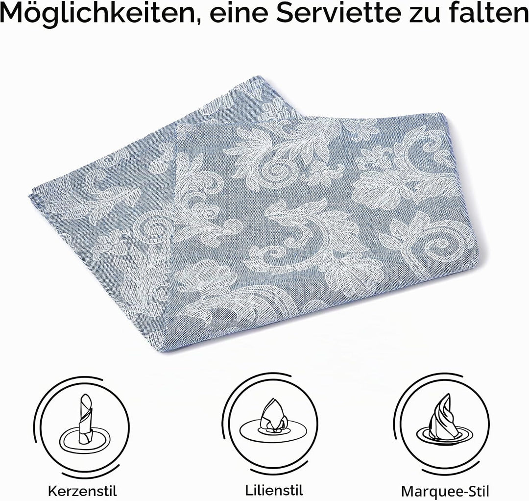 Encasa XO Esstisch Servietten Set von 12 I Grösse 45x45 cm I Blumen Blue Jacquard -Stil Druck Auf Ha