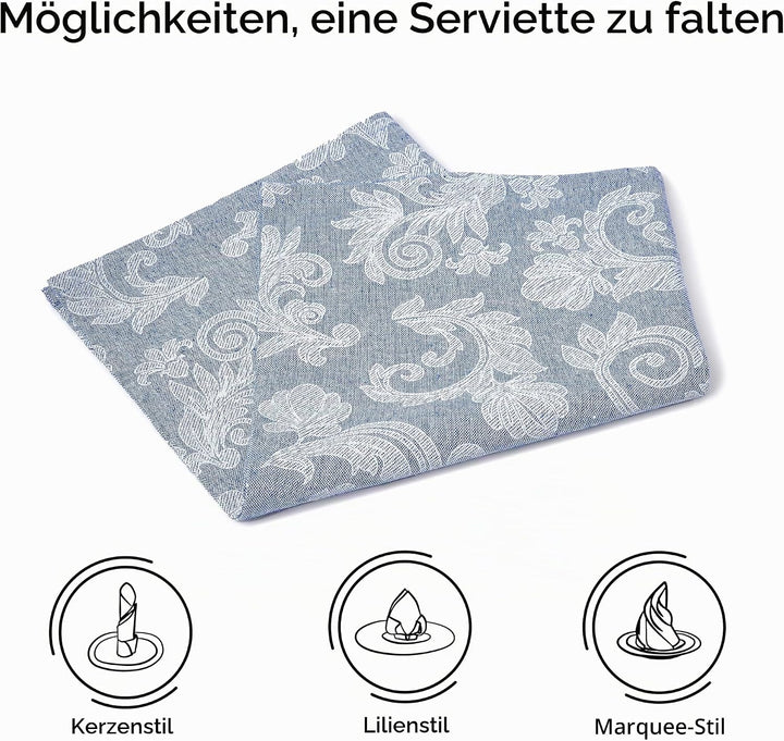 Encasa XO Esstisch Servietten Set von 12 I Grösse 45x45 cm I Blumen Blue Jacquard -Stil Druck Auf Ha