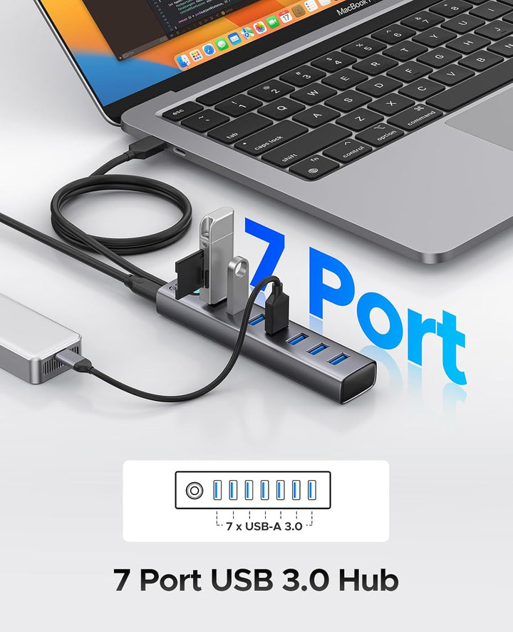 ORICO 7-Port USB-Hub - Aluminium USB Verteiler mit 100 cm Kabel, USB 3.0 5Gbps Datenrate, 5V 3A Type