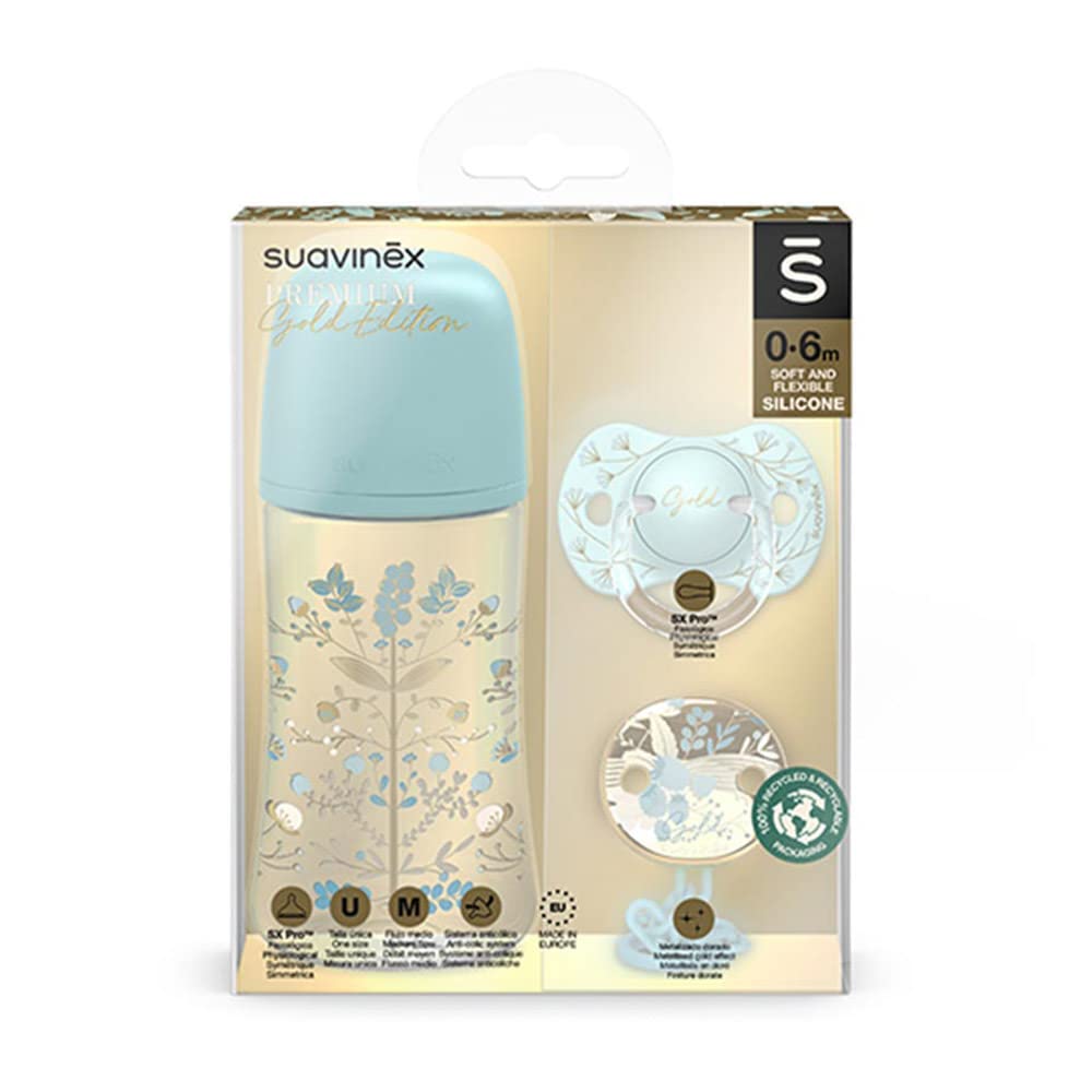 Suavinex Gold Edition Geschenkset, Flasche 270 ml, Schnuller 0-6 M und Clip, hellblau