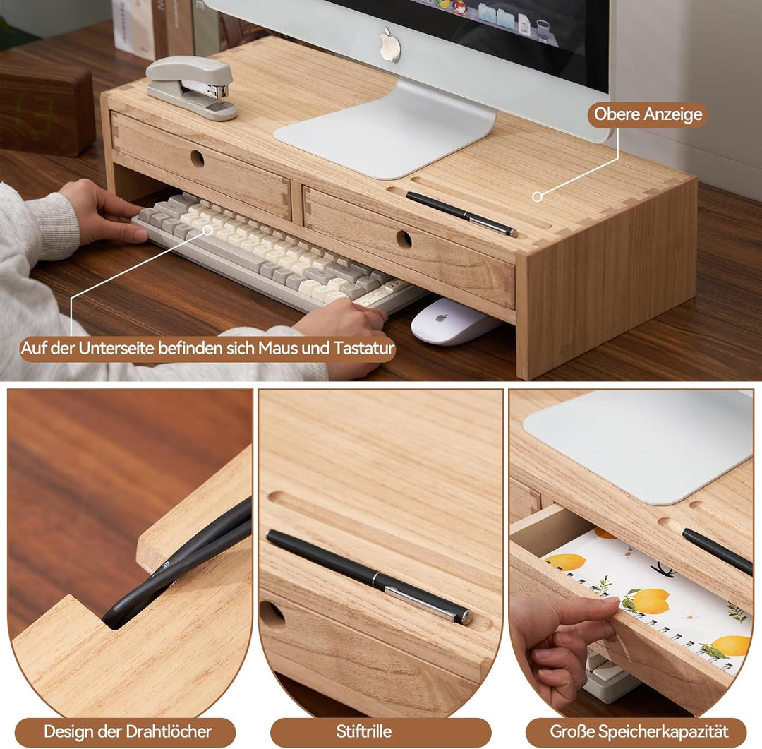 KIRIGEN hölzerner Monitorständer mit 2 Schubladen Computer Desktop Storage Organizer Lautsprecher TV