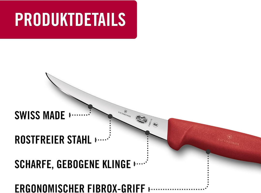 Victorinox Fibrox Ausbeinmesser, Scharfes Küchenmesser für Fleisch und Fisch, 15 cm, Gebogene Klinge